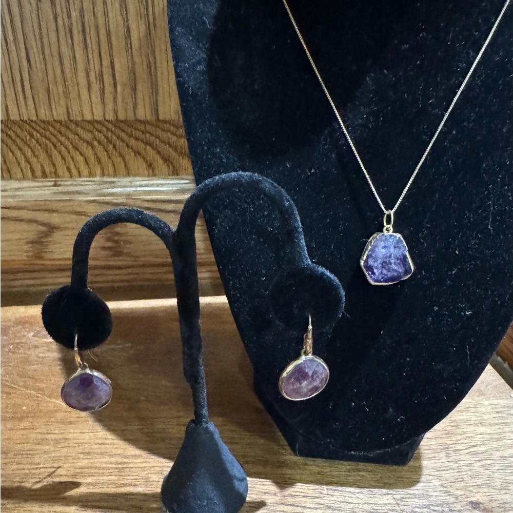 Raw Purple Amethyst Pendant Necklace and Faceted Purple Amethyst Earring Set